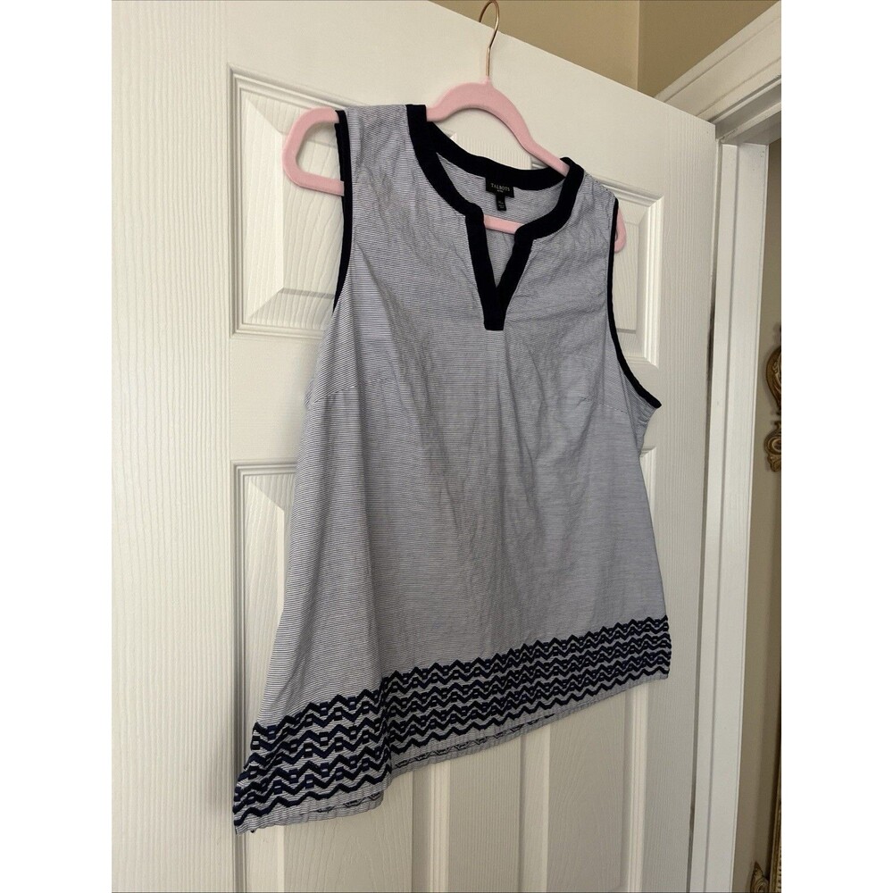 Talbots Top Womens Large Blue White Striped Sleeveless Boho Boxy Embroidered